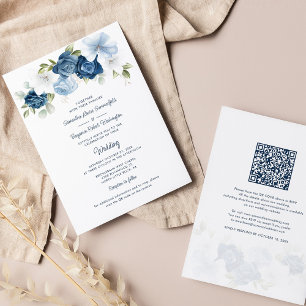 Convites Código QR Azul Floral Dusty Tudo em Um Casamento