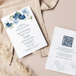Convites Código QR Azul Floral Dusty Tudo em Um Casamento