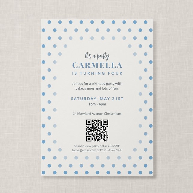Convites Código QR Azul Francês Bolinhas Aniversário (Blue Polka Dot - QR Code Birthday Invitation)