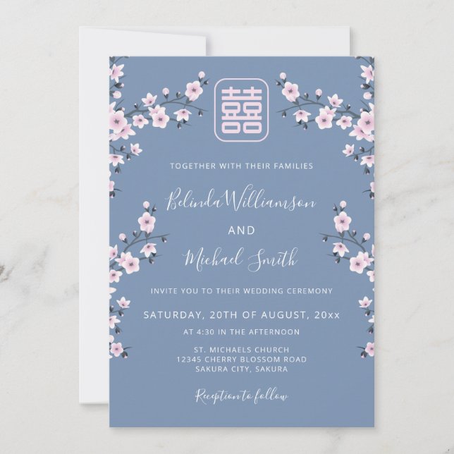 Convites Código QR Azul Poeirento Rosa | Casamento Chinês (Frente)