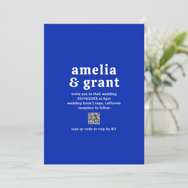 Convites Código QR Azul Safira Fonte Retro Casamento Modern (Em pé/Frente)