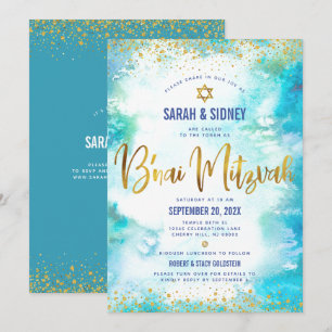 Convites Código QR B’nai Mitzvah Dourado Turquesa Aquarela