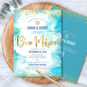 Convites Código QR B’nai Mitzvah Dourado Turquesa Aquarela
