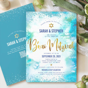 Convites Código QR B’nai Mitzvah Turquesa Aquarela Dourado