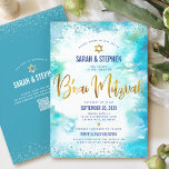 Convites Código QR B’nai Mitzvah Turquoise Watercolor Doura<br><div class="desc">Tenha orgulho, alegria e mostre este marco do seu B’nai Mitzvahs favorito! Enviar este convite de código QR personalizado, moderno e impressionante para um evento a lembrar. Escrita de caligrafia de folha de ouro faxes e Estrela de David, juntamente com pontos de confete azuis, sobrepõem um fundo de cor d'água...</div>