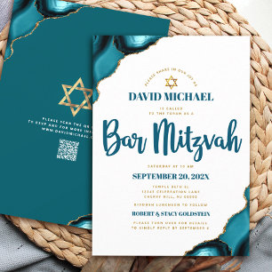Convites Código QR Bar Mitzvah Ágata Turquesa Script Branco