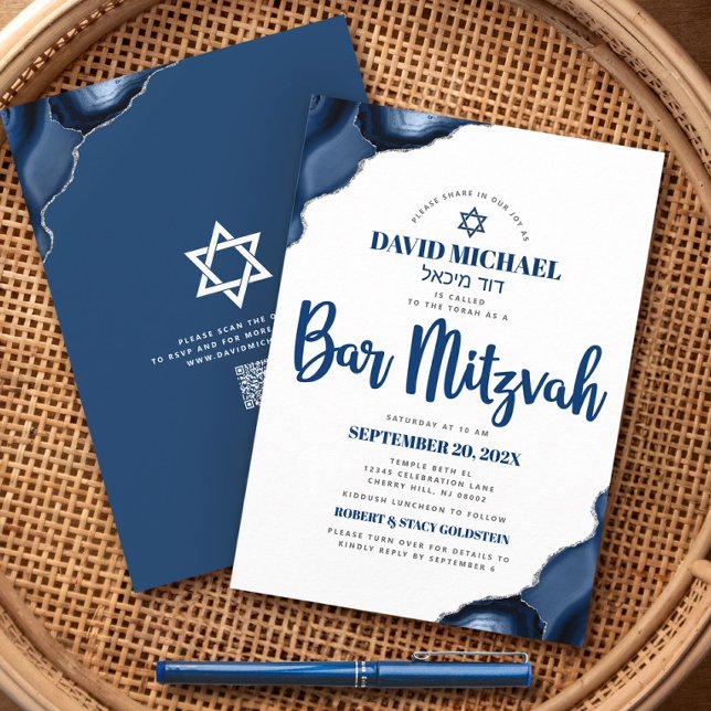 Convites Código QR Bar Mitzvah Azul Marinho Ágata Script Mo (Criador carregado)