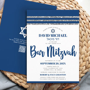 Convites Código QR Bar Mitzvah Azul Naval Tallit Prateado S