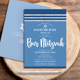 Convites Código QR Bar Mitzvah Azul Prata Tallit Script em