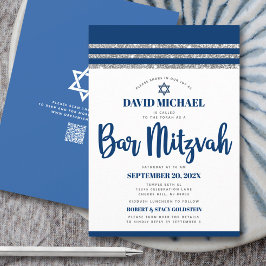 Convites Código QR Bar Mitzvah Marinha Prata Tallit Script