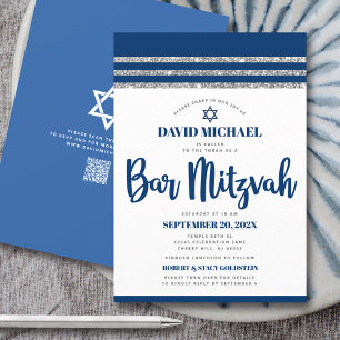 Convites Código QR Bar Mitzvah Marinha Prata Tallit Script