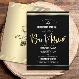 Convites Código QR Bar Mitzvah Preto Dourado Script Tallit