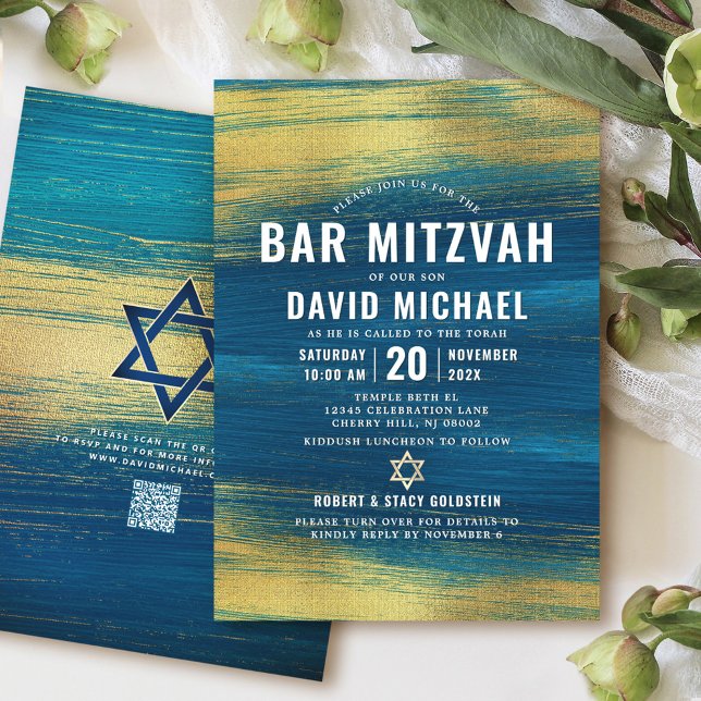 Convites Código QR Bar Mitzvah Turquesa Folha Dourada Moder (Criador carregado)