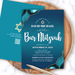 Convites Código QR Bar Mitzvah Turquesa Ombre Ágata Moderno