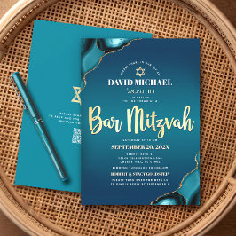 Convites Código QR Bar Mitzvah Turquesa Ombre Ágata Script