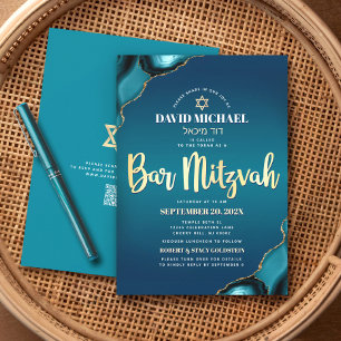 Convites Código QR Bar Mitzvah Turquesa Ombre Ágata Script