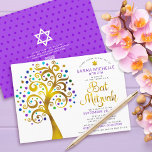 Convites Código QR Bat Mitzvah Árvore de Vida Dourada Roxa<br><div class="desc">Tenha orgulho, alegria e mostre este marco do seu Bat Mitzvah favorito! Envie este convite ousado, moderno e personalizado de código QR para um evento a ser lembrado. Uma folha de ouro falso, divertida e gráfica, com tartaruga cintilante, palha, púrpura e azul Estrela de David e "folhas" de ponto, roteiro...</div>