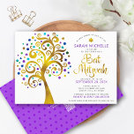 Convites Código QR Bat Mitzvah Árvore Dourada Roxa Negrito<br><div class="desc">Tenha orgulho, alegria e mostre este marco do seu Bat Mitzvah favorito! Envie este convite ousado, moderno e personalizado de código QR para um evento a ser lembrado. Uma folha de ouro falso, divertida e gráfica, com tartaruga cintilante, palha, púrpura e azul Estrela de David e "folhas" de ponto, roteiro...</div>