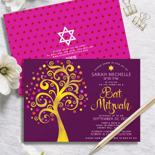 Convites Código QR Bat Mitzvah Borgonha Dourado Árvore da V