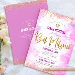Convites Código QR Bat Mitzvah Cor de Água Rosa Dourada Bri<br><div class="desc">Tenha orgulho, alegria e mostre este marco do seu Bat Mitzvah favorito! Enviar este convite de código QR personalizado, moderno e impressionante para um evento a lembrar. Escrito em folha de ouro, pontos brilhantes, estrela de David e tipografia de script manual sobre um fundo de aquarela cor-de-rosa-mole. Na parte de...</div>