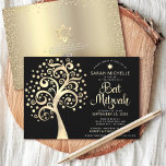 Convites Código QR Bat Mitzvah Dourado Árvore de Vida Preta<br><div class="desc">Tenha orgulho, alegria e mostre este marco do seu Bat Mitzvah favorito! Enviar este sofisticado, moderno e personalizado convite de código QR para um evento a lembrar. Uma folha de ouro ousada, gráfica e falsa, com estrela cintilante de David e "folhas" pontiagudas, juntamente com um roteiro falso de caligrafia dourada...</div>