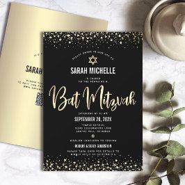 Convites Código QR Bat Mitzvah Moderno Dourado Preto Brilho