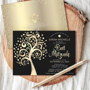 Convites Código QR Bat Mitzvah Preto Dourado Árvore da Vida