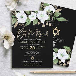 Convites Código QR Bat Mitzvah Preto Dourado Floral Script