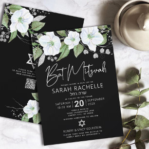Convites Código QR Bat Mitzvah Preto Prata Floral Script