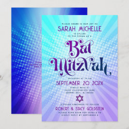 Convites Código QR Bat Mitzvah Retro Blue Roxo Gradiente