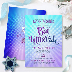 Convites Código QR Bat Mitzvah Retro Gradiente Azul Roxo Di
