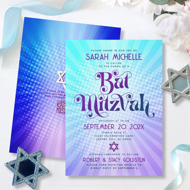 Convites Código QR Bat Mitzvah Retro Gradiente Azul Roxo Di (Criador carregado)