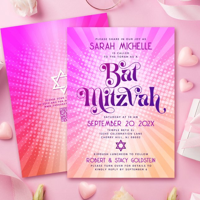 Convites Código QR Bat Mitzvah Retro Gradiente Rosa Laranja (Criador carregado)