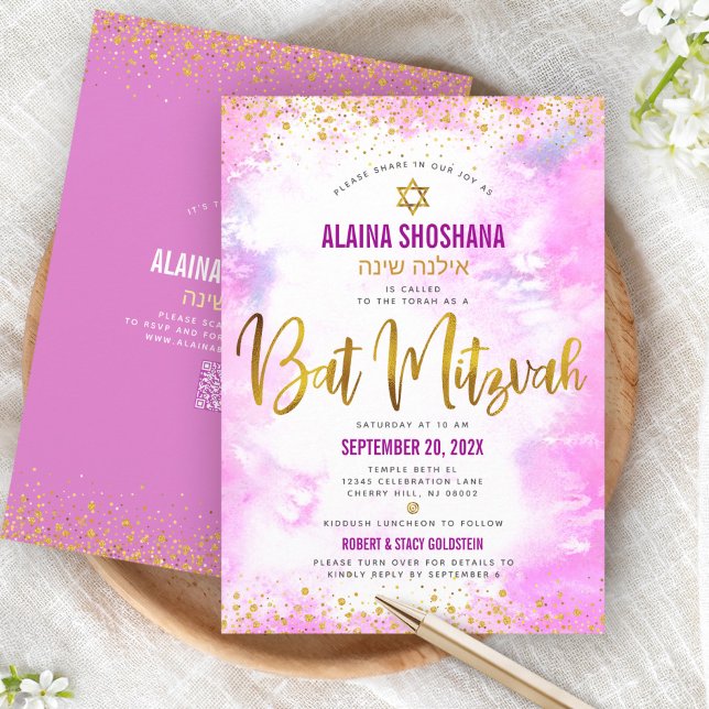 Convites Código QR Bat Mitzvah Rosa Aquarela Script Dourado (Criador carregado)