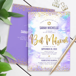 Convites Código QR Bat Mitzvah Roxo Aquarela Brilho Dourado