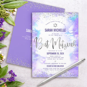 Convites Código QR Bat Mitzvah Roxo Aquarela Folha de Prata
