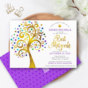 Convites Código QR Bat Mitzvah Roxo Dourado Árvore da Vida