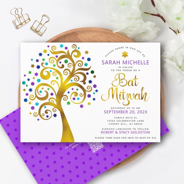 Convites Código QR Bat Mitzvah Roxo Dourado Árvore da Vida  (Criador carregado)