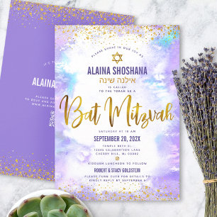 Convites Código QR Bat Mitzvah Roxo Dourado Glitter Aquarel