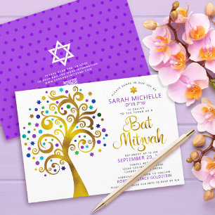 Convites Código QR Bat Mitzvah Roxo Dourado Negrito Árvore