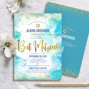 Convites Código QR Bat Mitzvah Turquesa Folha Dourada Aquar