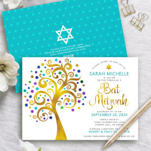 Convites Código QR Bat Mitzvah Turquesa Ouro Árvore da Vida