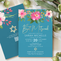 Código QR Bat Mitzvah Turquoise Script Dourado Flo