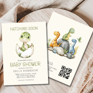 Convites Código QR Beige Dinossaur Hatching em breve Chá de