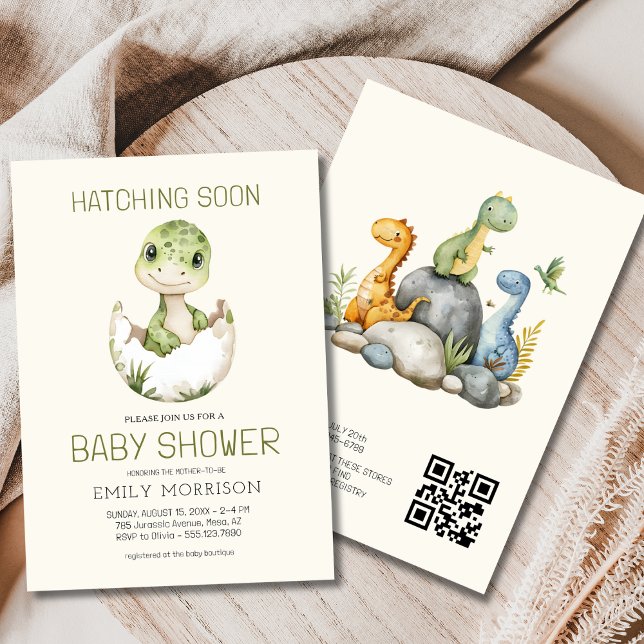 Convites Código QR Beige Dinossaur Hatching em breve Chá de (Criador carregado)