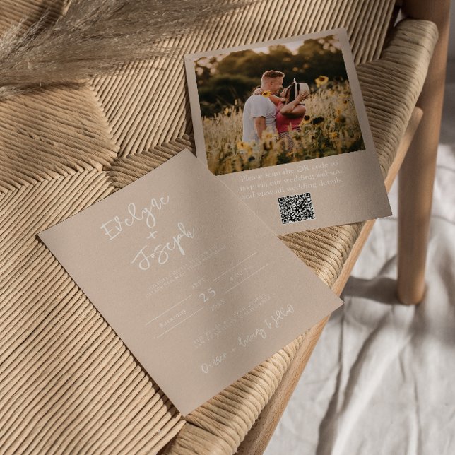 Convites Código QR Blush Peachy Foto Boho Moderno Casamento (Criador carregado)