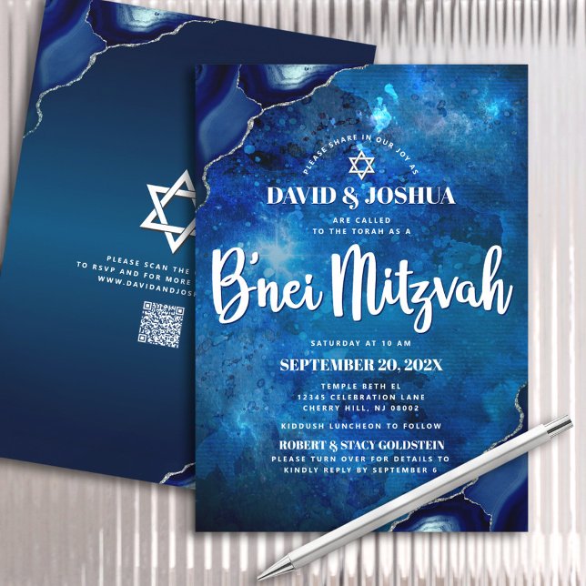 Convites Código QR B'nei Mitzvah Blue Agate Galaxy Script (Criador carregado)
