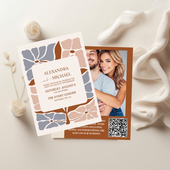 Convites Código QR Boho Chic Casamento Floral Retro (Criador carregado)
