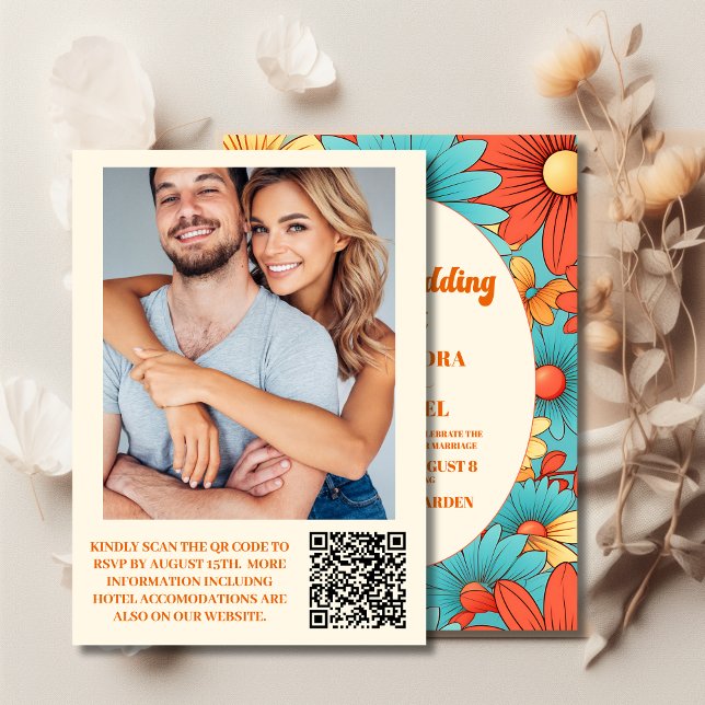 Convites Código QR Boho Retro Floral Casamento (Criador carregado)