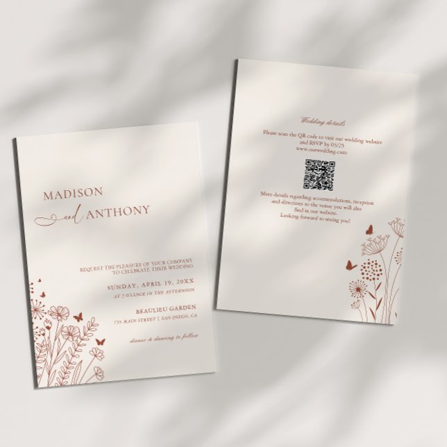 Convites Código QR Boho Terracota Flor Silvestre Casamento  (Criador carregado)